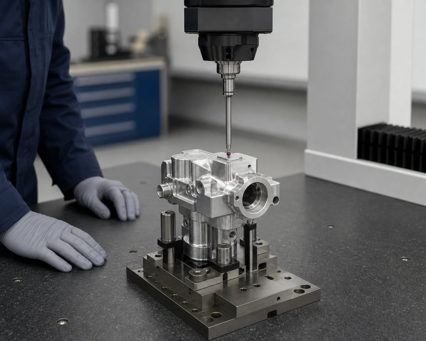 Coordinate measuring machine inspecting a precision-machined component