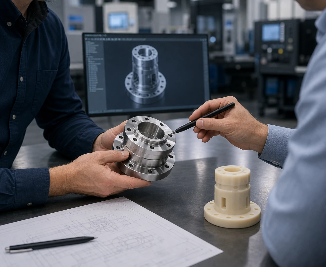 Engineers reviewing a prototype and finished machined component